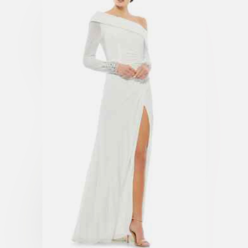 Mac Duggal Size 8  Beaded Cuff Drop Shoulder Faux Wrap White Gown.